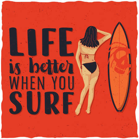 Surfing label design with illustraion of girl and surf board for t-shirts, posters, greeting cards etc.のイラスト素材