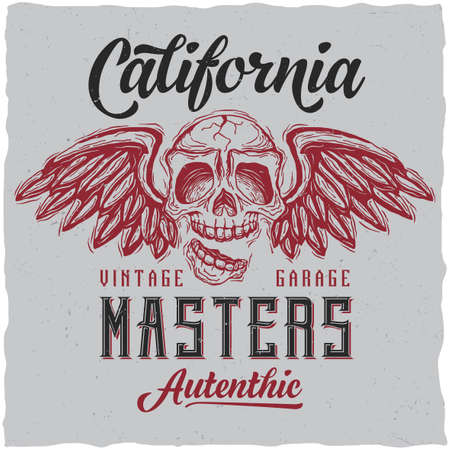 Label design with illustration of skull with wings for t-shirts, posters, greeting cards etc.のイラスト素材