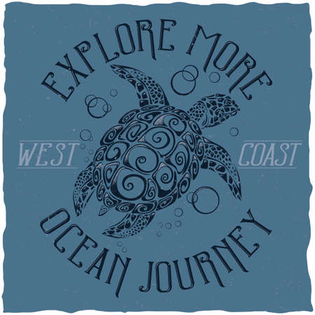 Nautical t-shirt label design with illustration of turtleのイラスト素材
