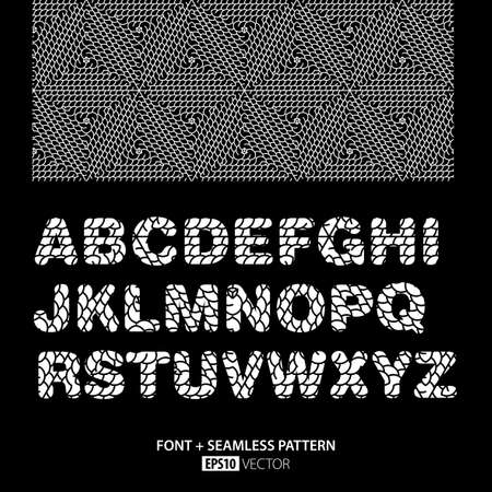 Stylish Monochrome Font Poster with alphabet and pattern elements on black background vector illustrationのイラスト素材
