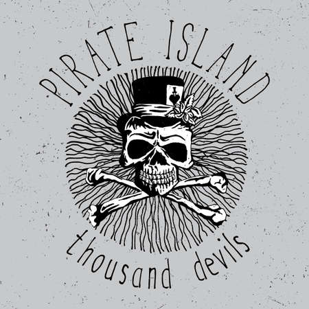 Pirate Island Vintage Font Poster with skull in the centre and thousand devils vector illustrationのイラスト素材
