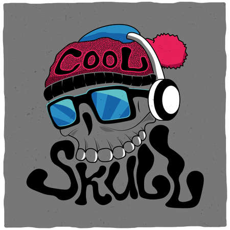 Cool Skull Poster with skeleton head in glasses and headphones on grey background vector illustrationのイラスト素材