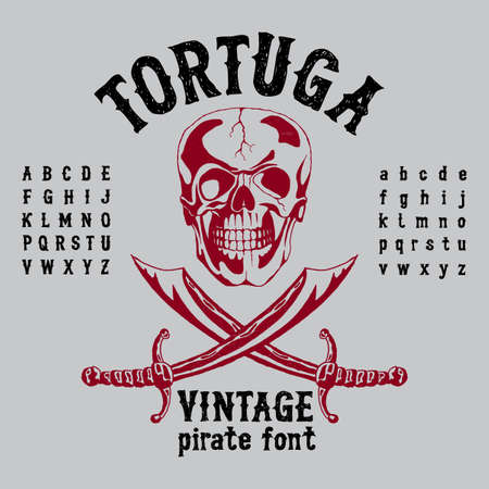 Tortuga Vintage Pirate Font Poster with angry skull and alphabet on grey background vector illustrationのイラスト素材
