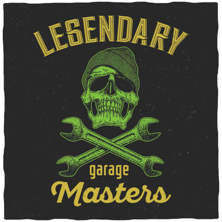 Legendary garage masters Poster with skull in hat and two wrenches vector illustrationのイラスト素材