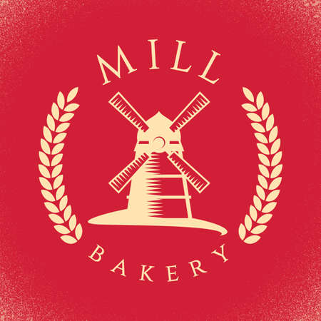 Bakery Stylish Poster with cartoon of mill on red background vector illustrationのイラスト素材