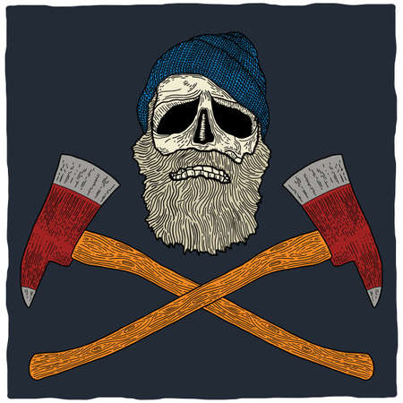 Lumberjack skull poster with hat and two axes vector illustrationのイラスト素材