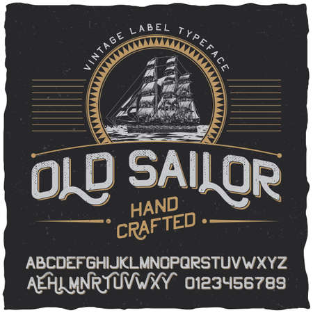 Old sailor vintage label poster with vessel in the circle and alphabet vector illustrationのイラスト素材