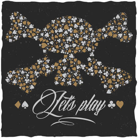 Let's play label design poster with playing cards symbols on skull and bones vector illustrationのイラスト素材