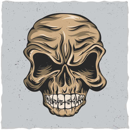 Angry skull poster with beige and grey colors vector illustrationのイラスト素材