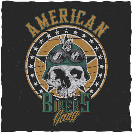 American bikers gang poster design with skull in motorcycle helmet or bandanna vector illustrationのイラスト素材