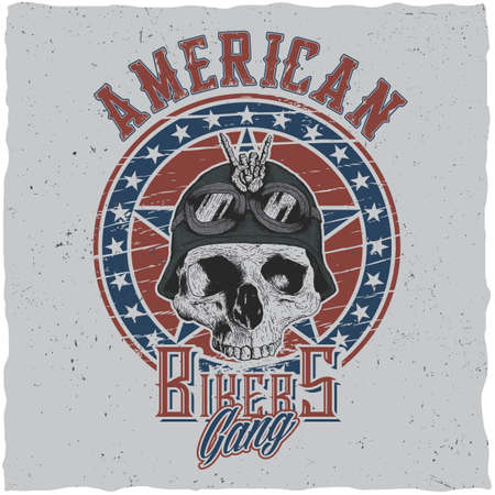 American bikers gang poster design with skull in motorcycle helmet or bandanna vector illustrationのイラスト素材