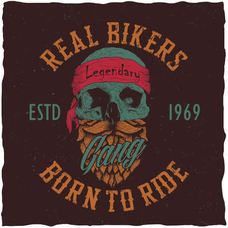 Real bikers poster with words gang born to ride with skull vector illustrationのイラスト素材