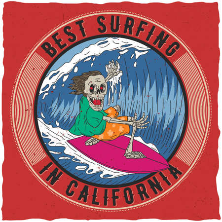 Best surfing in california poster with funny skeleton on board vector illustrationのイラスト素材