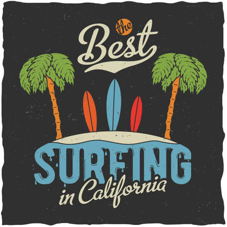 Best surfing in california poster with palms and beach.のイラスト素材
