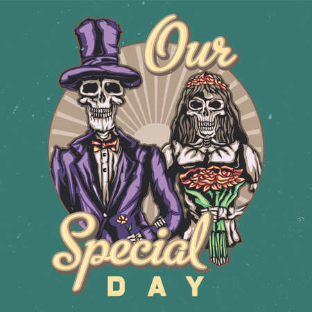 T-shirt or poster design with illustraion of dead bride and groomのイラスト素材