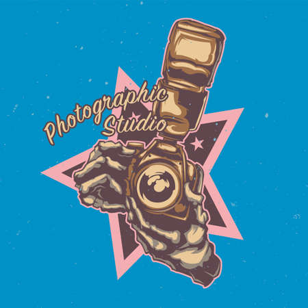 T-shirt or poster design with illustraion of two hands holding camera with flashのイラスト素材