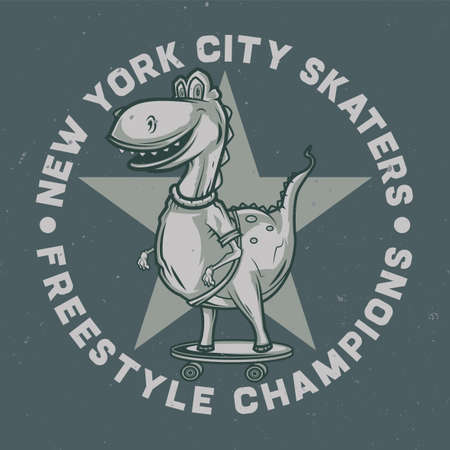 T-shirt or poster design with illustraion of dinosaur on the skateboardのイラスト素材