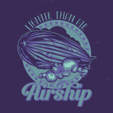 T-shirt or poster design with illustration of flying airship. Vintage style illustration.のイラスト素材