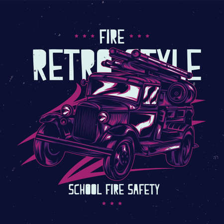 T-shirt label design with illustration of vintage fire truck