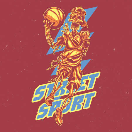 T-shirt or poster design with illustration of skeleton streetball playerのイラスト素材