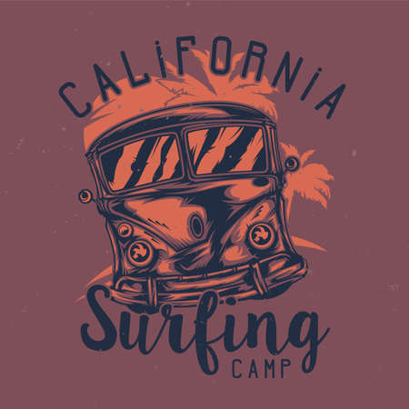 T-shirt or poster design with illustration of hippie surfing busのイラスト素材