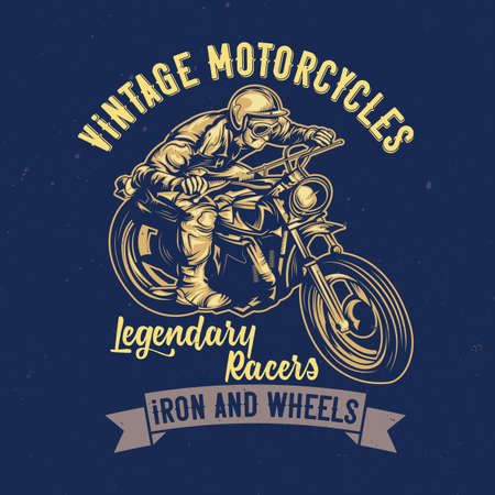 T-shirt or poster design with illustration of classic man on motorcycleのイラスト素材