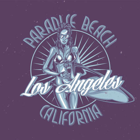 T-shirt or poster design with illustraion of girl with cocktails and surfing boardのイラスト素材