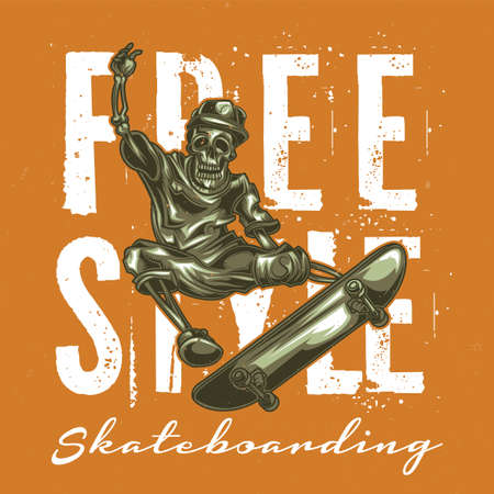 T-shirt or poster design with illustration of skeleton on skate boardのイラスト素材