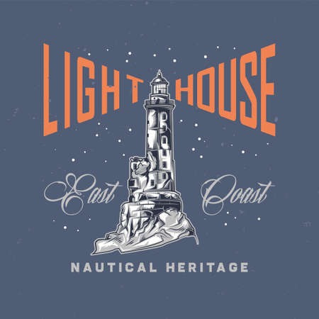 Poster label design with illustration of old lighthouse.のイラスト素材