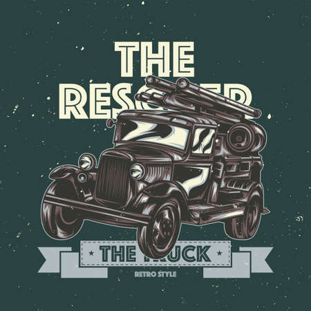 T-shirt label design with illustration of vintage fire truckのイラスト素材