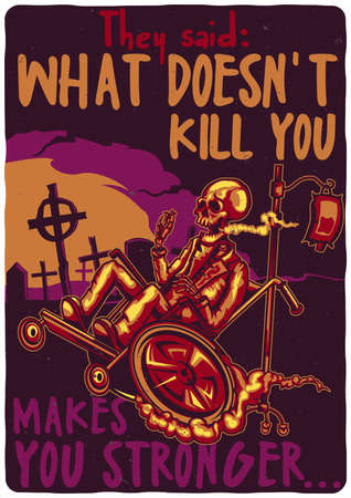 T-shirt or poster design illustration of a skeleton on the wheelchair.のイラスト素材
