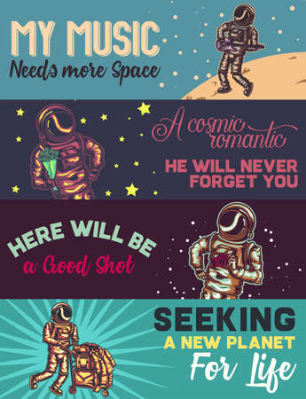 Web banner template with illustrations of astronaut with guitar, flowers, camera and stuff.のイラスト素材