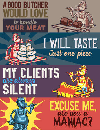 Web banner template illustrations of butcher with meat, cake, corpse on the table and a maniac with a knife.のイラスト素材
