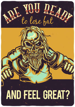 T-shirt or poster design with illustration of a skeleton with dumbbells.のイラスト素材