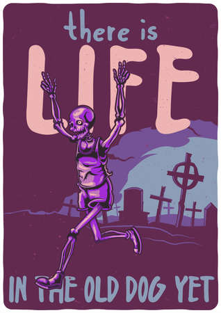 T-shirt or poster design with illustration of skeleton running from the cemetery.のイラスト素材