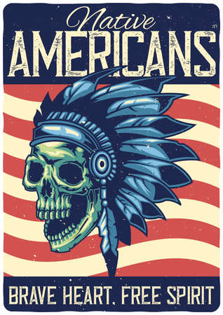 T-shirt or poster design with illustration of native american skull.のイラスト素材