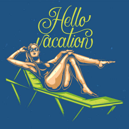 T-shirt or poster design with illustration of a girl on a sunbed.のイラスト素材