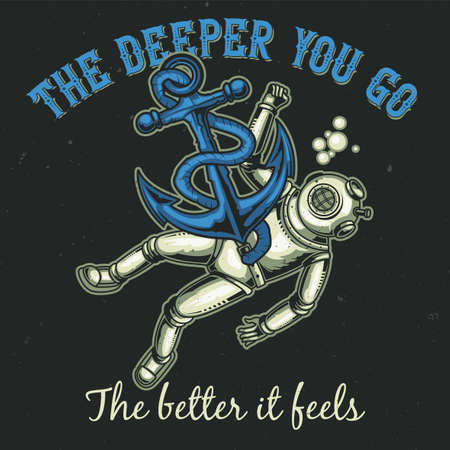 T-shirt or poster design with illustration of a diver with an anchor.
