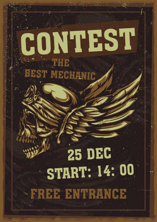T-shirt or poster design with illustration of skull at helmet and wings on the backgroundのイラスト素材