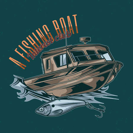 Nautical theme t-shirt label design with illustration of fishing boatのイラスト素材