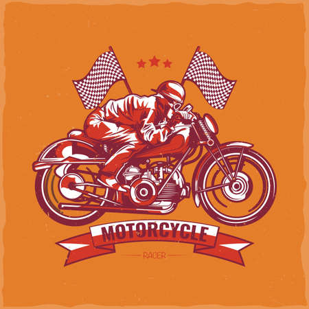 Motorcycle theme t-shirt label design with illustration of biker riding on vintage motorcycle.のイラスト素材
