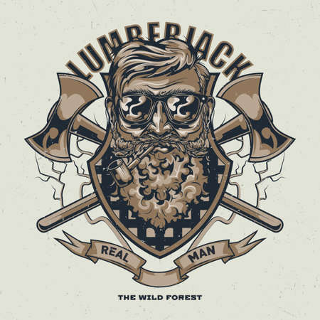 Lumberjack t-shirt label design with illustration of bearded man in glasses with two axesのイラスト素材