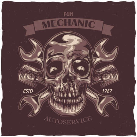 T-shirt label design with illustration of mechanic skull illustration.のイラスト素材