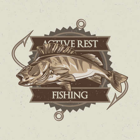 Nautical theme t-shirt label design with illustration of fishのイラスト素材