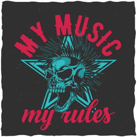 Music theme t-shirt label design with illustration of angry skull with hairのイラスト素材