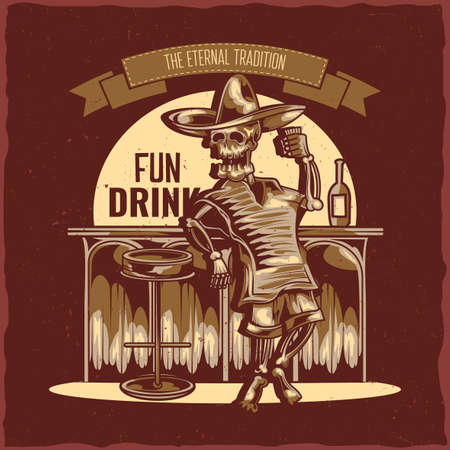 T-shirt label design with illustration of mexican drunk skeletonのイラスト素材