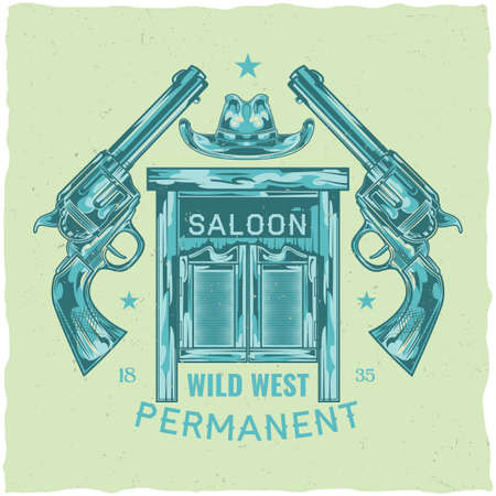 T-shirt label design with illustration of saloon, hat and pistolsのイラスト素材