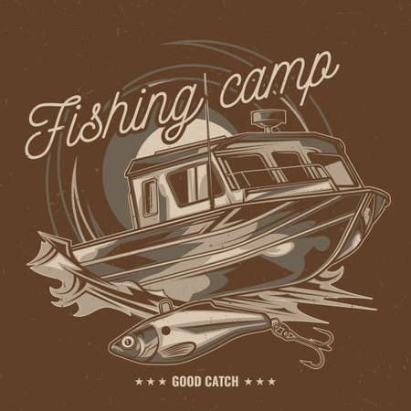 Nautical theme t-shirt label design with illustration of fishing boatのイラスト素材