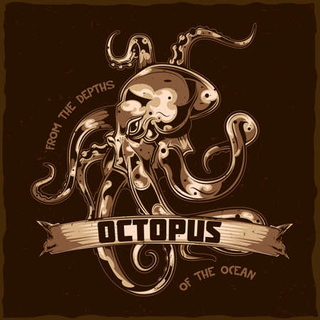 T-shirt label design with illustration of octopus.のイラスト素材