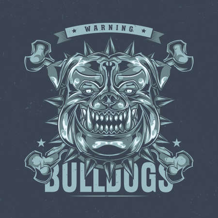 T-shirt label design with illustration of pitbull headのイラスト素材